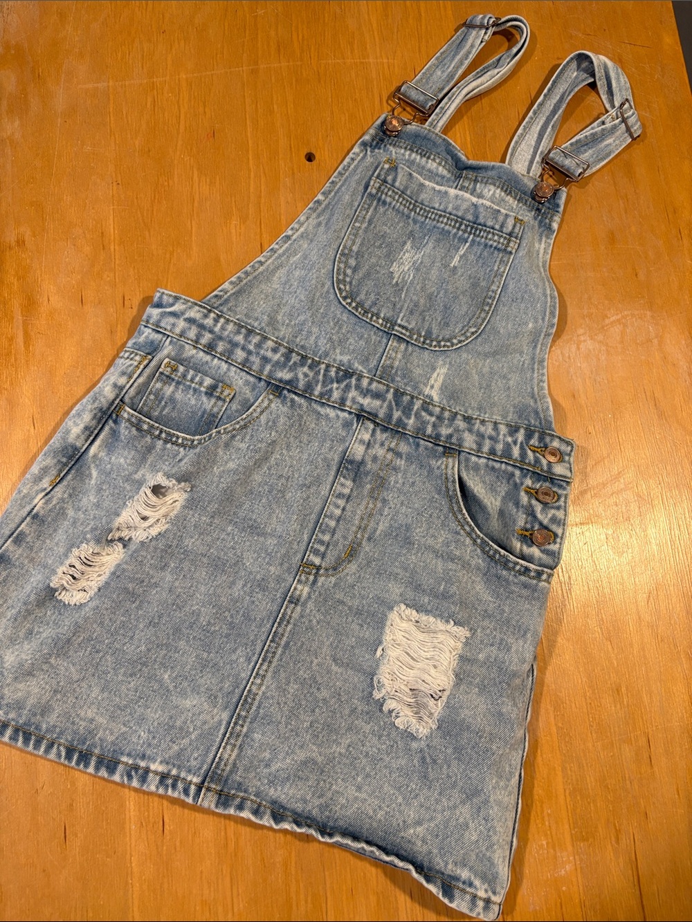 Forever 21 ~ Light Blue Jean Distressed Denim Overall Mini Skirt / Dress